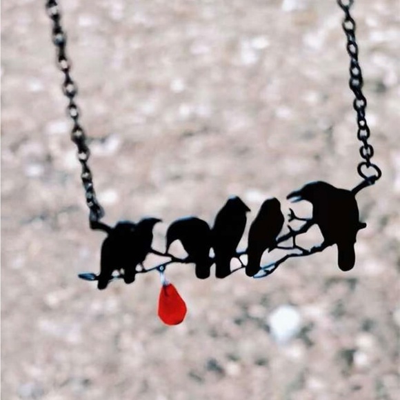 “Raven” Edgar Poe Perched Crows Birds Blood Droplet Macabre Gothic Grim Necklace - Picture 5 of 16
